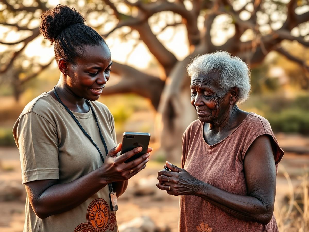 Agente comunitário a apoiar uma idosa numa zona rural de Moçambique